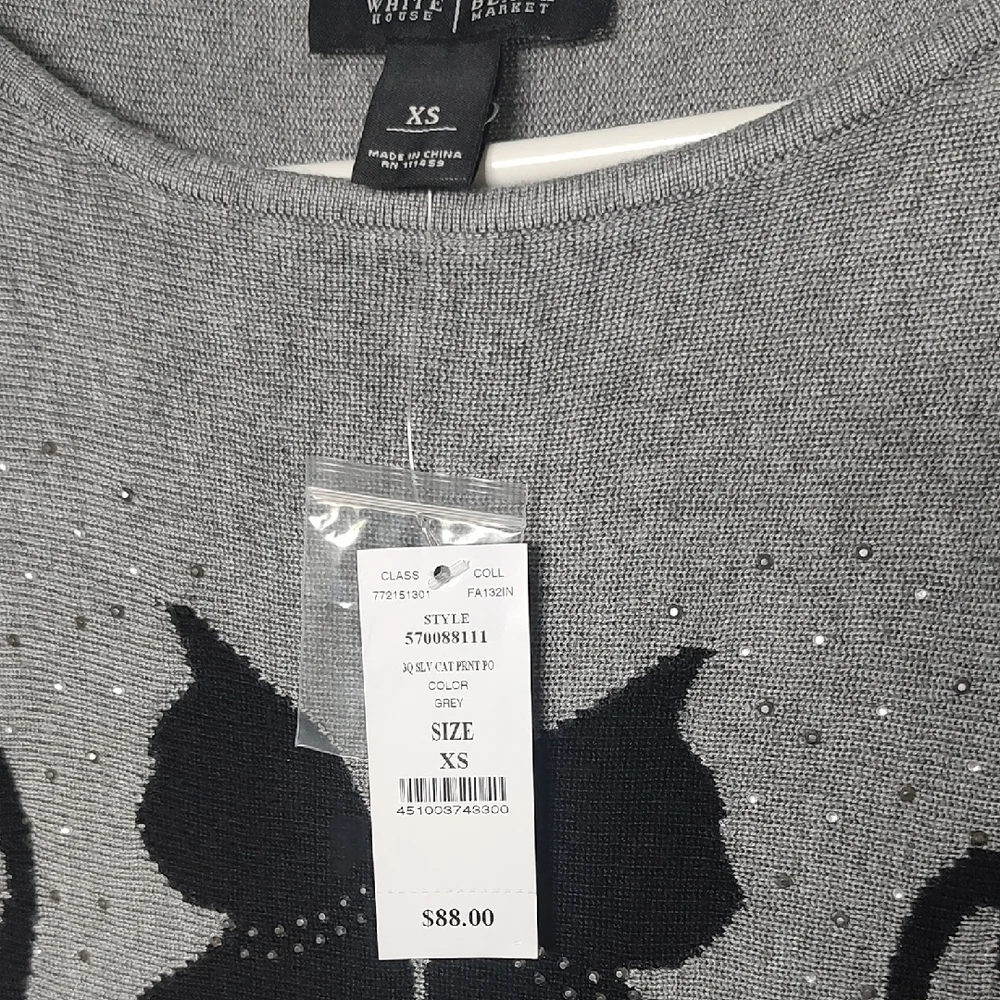 White House Black Market Gray Top with Black Cat Design